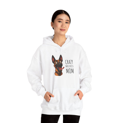 Person wearing a white hoodie with a dog graphic and text on a white background