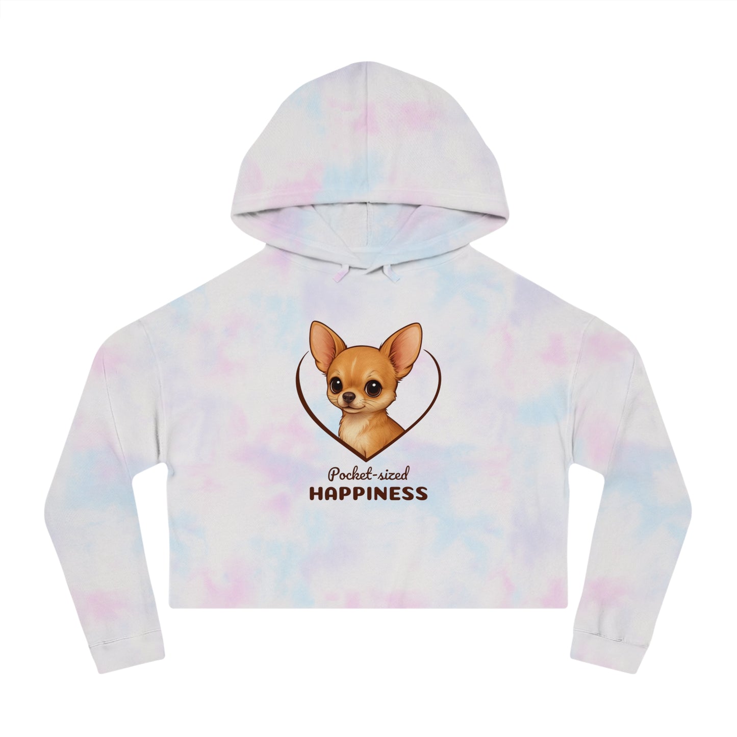Tie-dye hoodie with a chihuahua graphic and 'Pocket-sized Happiness' text on a white background