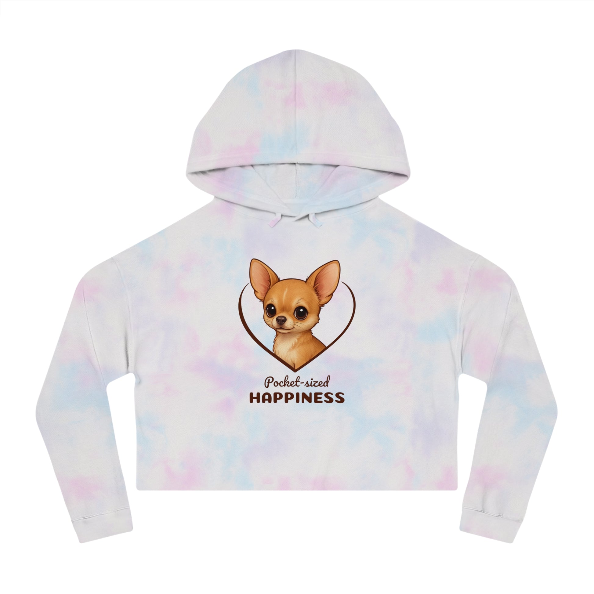 Tie-dye hoodie with a chihuahua graphic and 'Pocket-sized Happiness' text on a white background