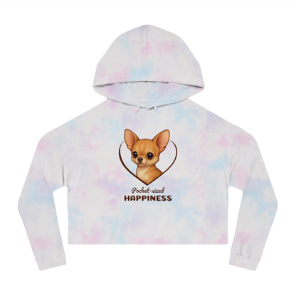 Tie-dye hoodie with a chihuahua graphic and 'Pocket-sized Happiness' text on a white background