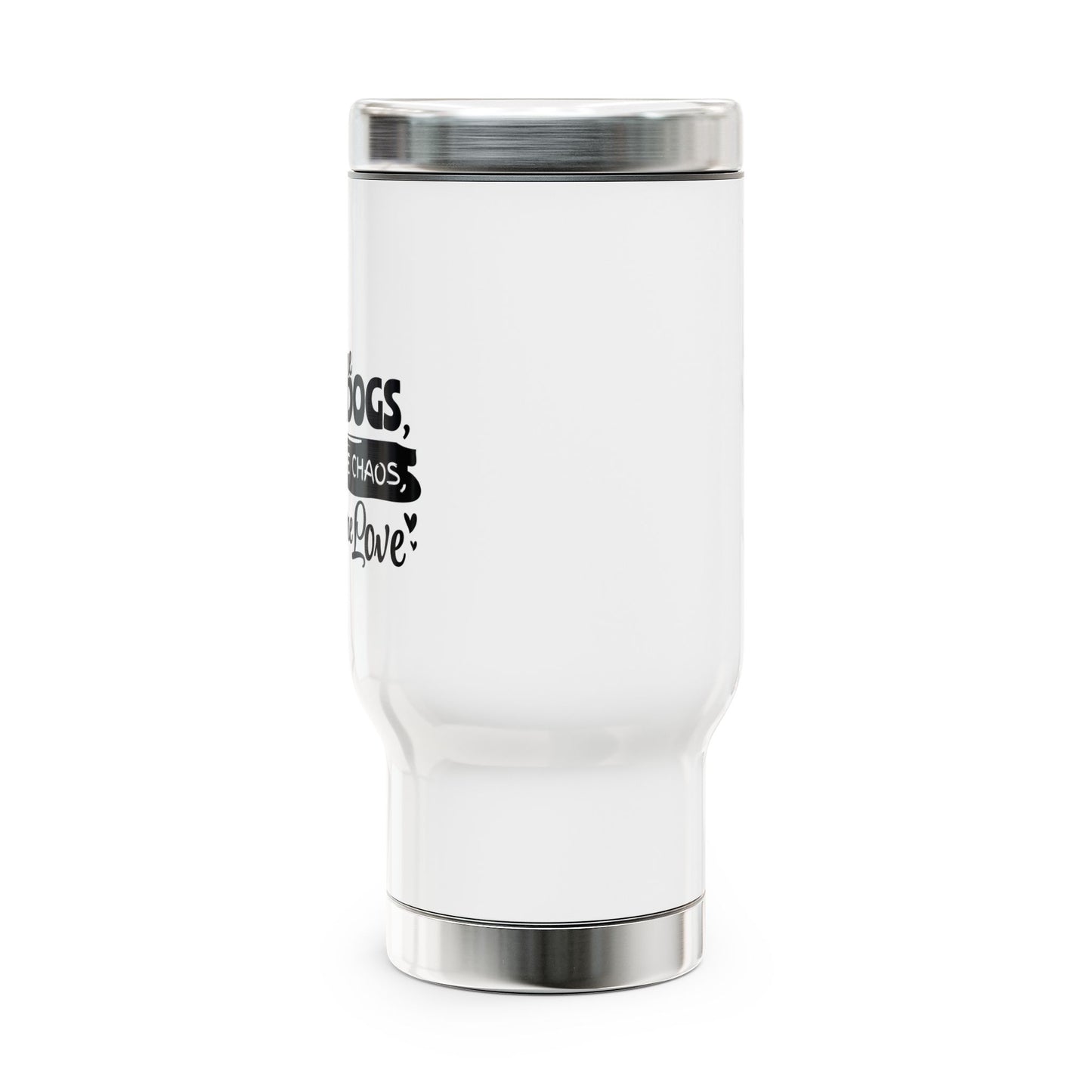 White tumbler with black text on a white background