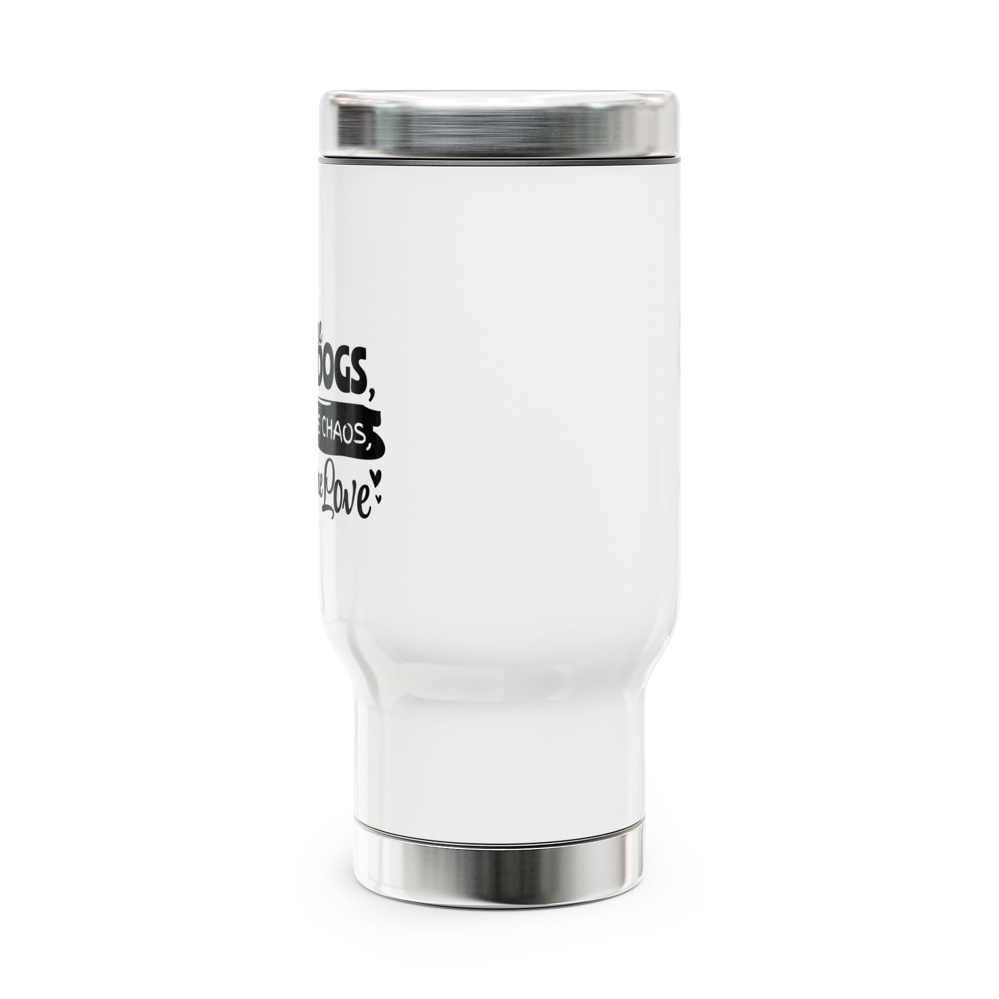 White tumbler with black text on a white background