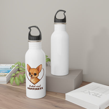 Two white water bottles with black lids on a wooden surface, one featuring a dog illustration and text.