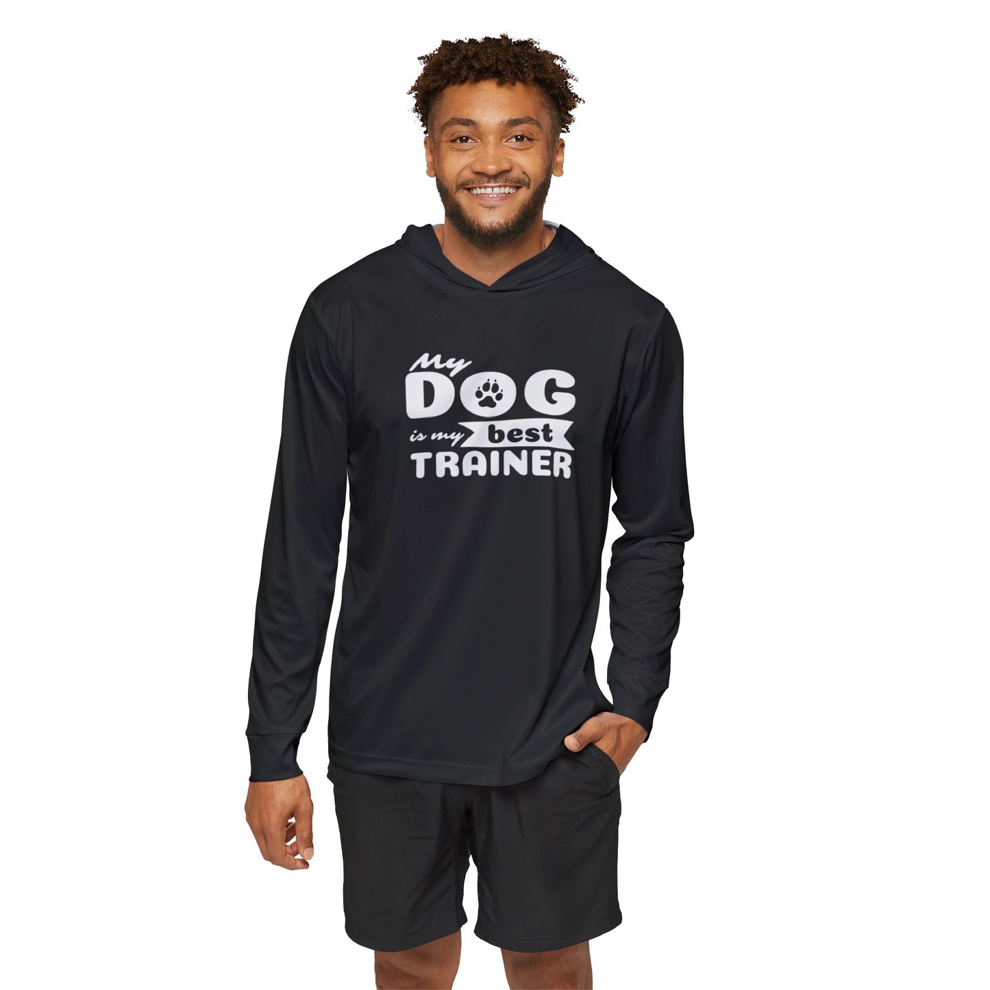 Man wearing a black hoodie with 'My dog is my best trainer' text on a white background