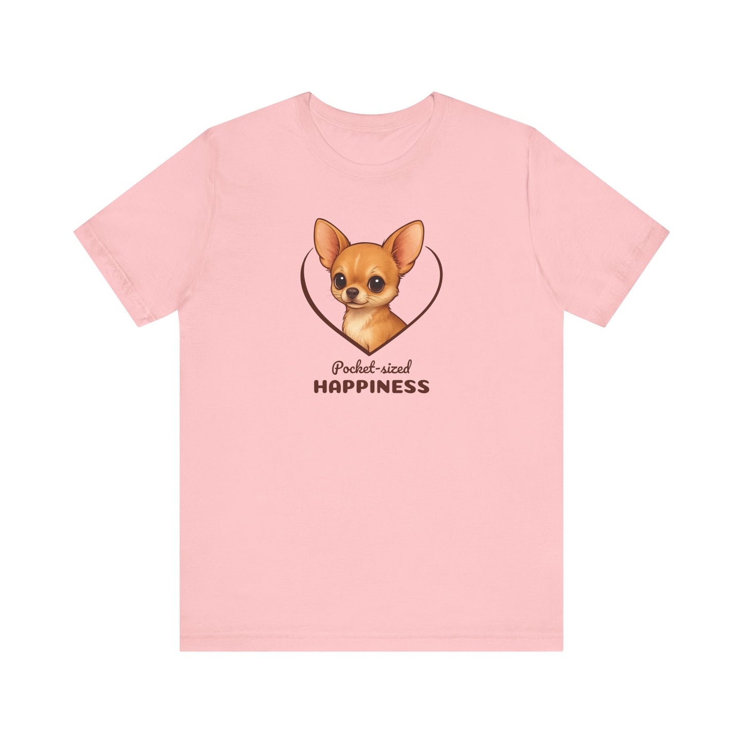 Pink t-shirt with a dog graphic and text on a white background