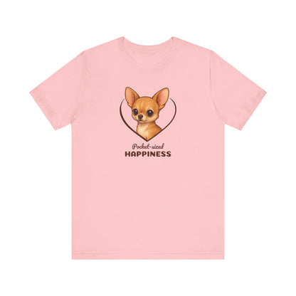 Pink t-shirt with a dog graphic and text on a white background