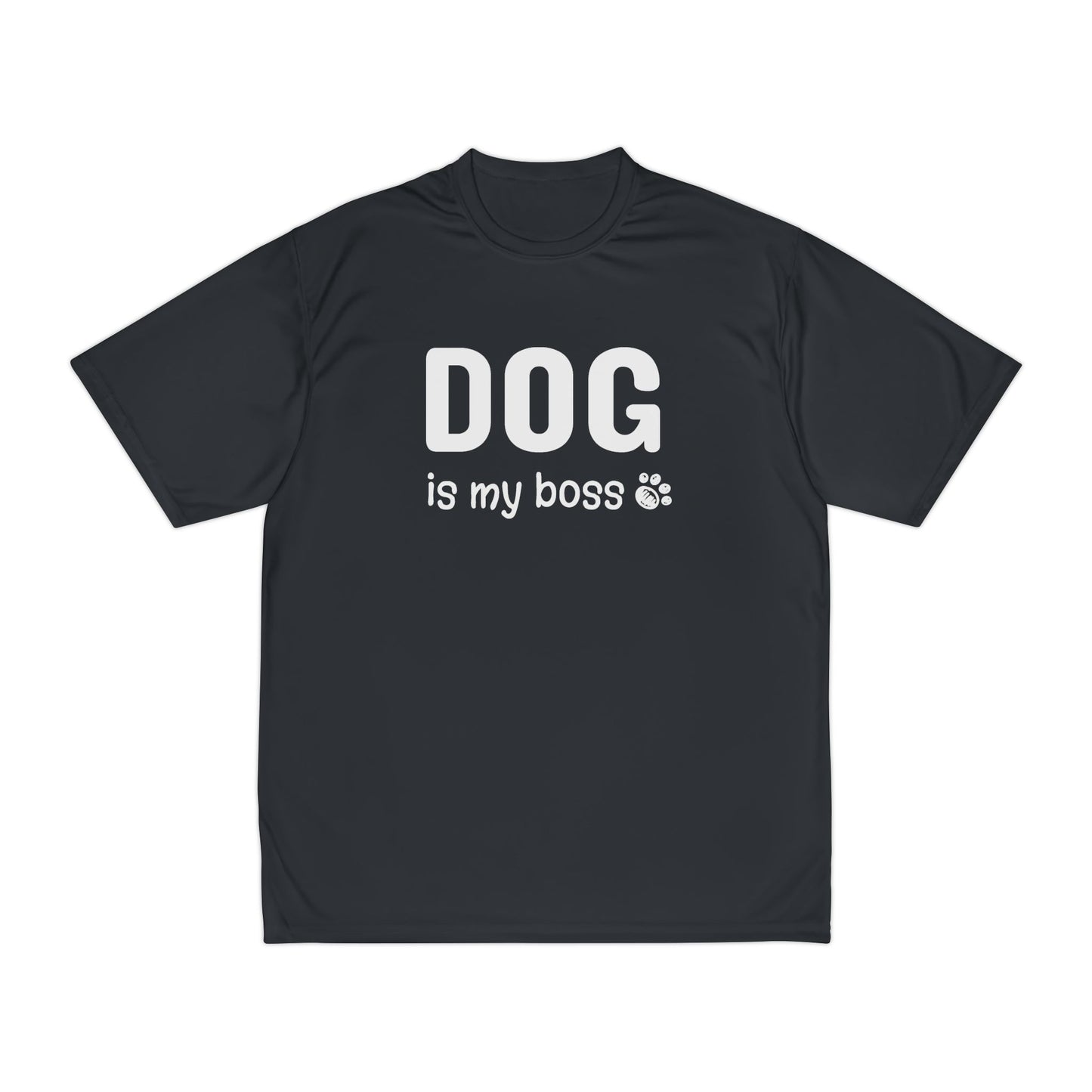 Black t-shirt with 'DOG is my boss' text on a white background