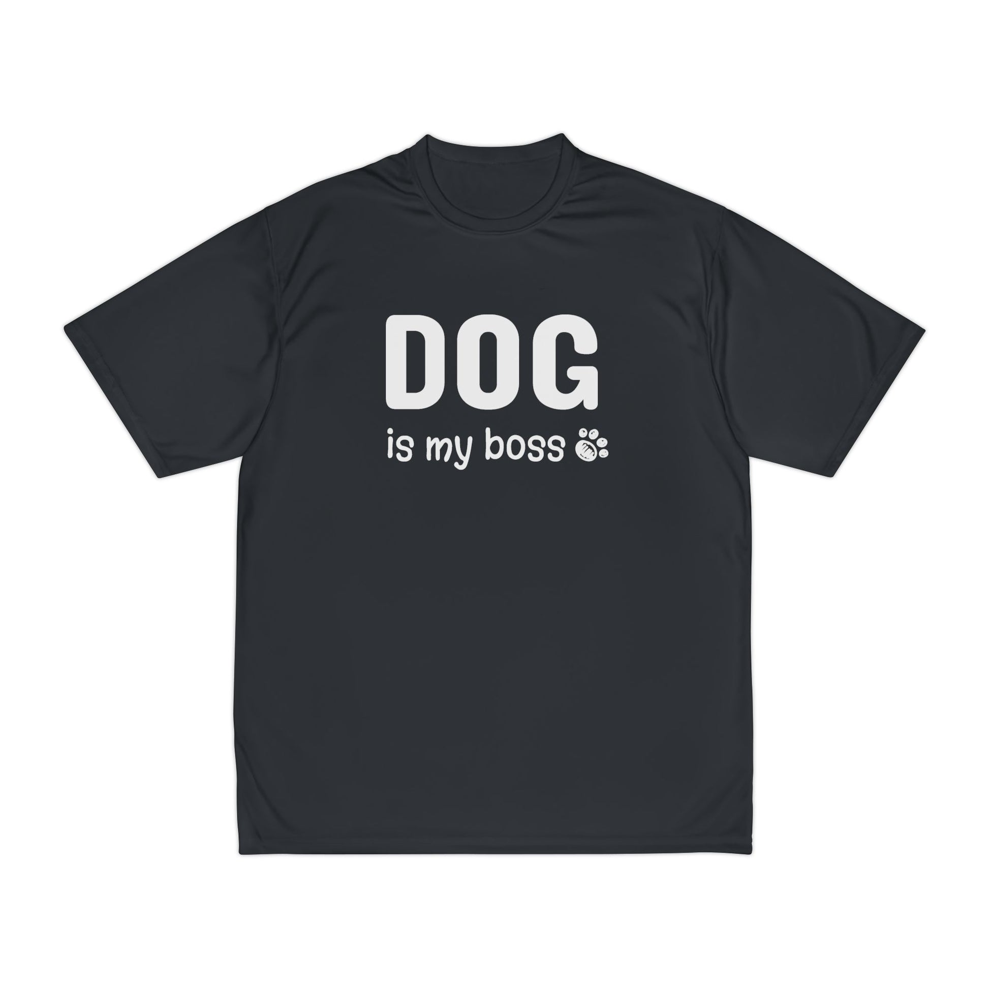 Black t-shirt with 'DOG is my boss' text on a white background