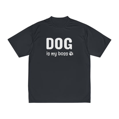 Black t-shirt with 'DOG is my boss' text on a white background