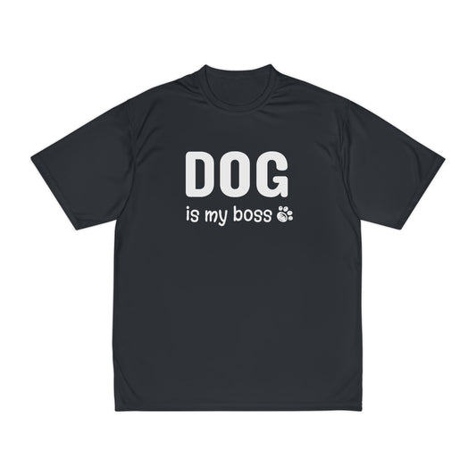 Black t-shirt with 'DOG is my boss' text on a white background