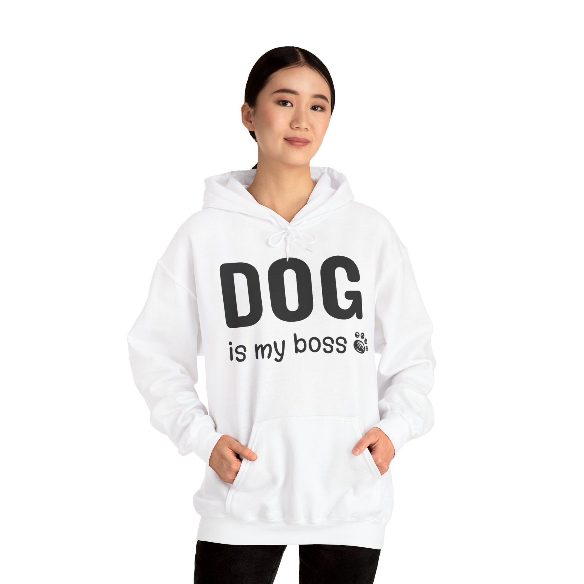 Person wearing a white hoodie with 'DOG is my boss' text on a white background