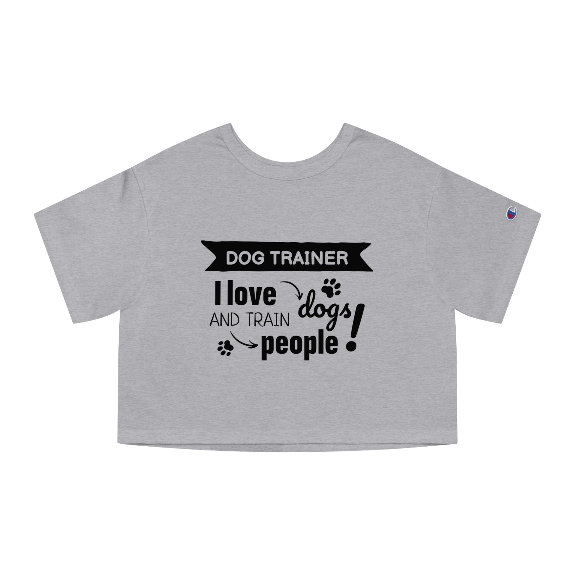 Gray t-shirt with black text 'Dog Trainer I love dogs and train people' on a white background