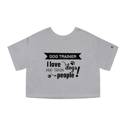 Gray t-shirt with black text 'Dog Trainer I love dogs and train people' on a white background