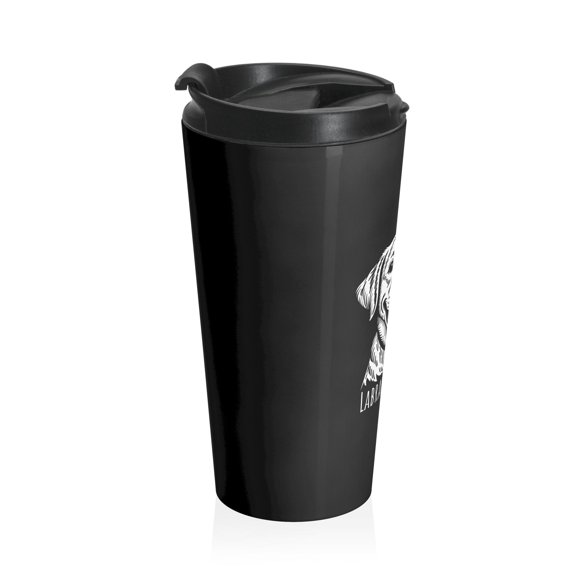 Black travel mug with a white logo on a white background