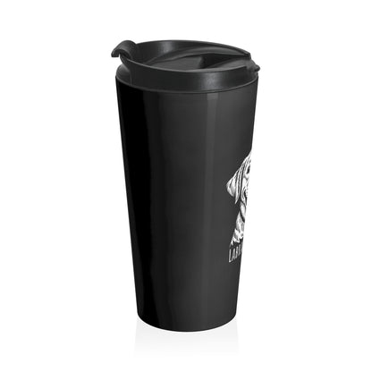 Black travel mug with a white logo on a white background